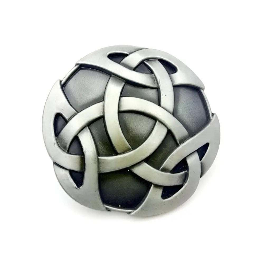 Silver Celtic knot sphere belt buckle for Celtic belts, featuring intricate design