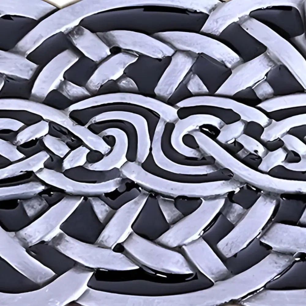 Intricate silver and black Celtic knotwork Thuria belt buckle with detailed design