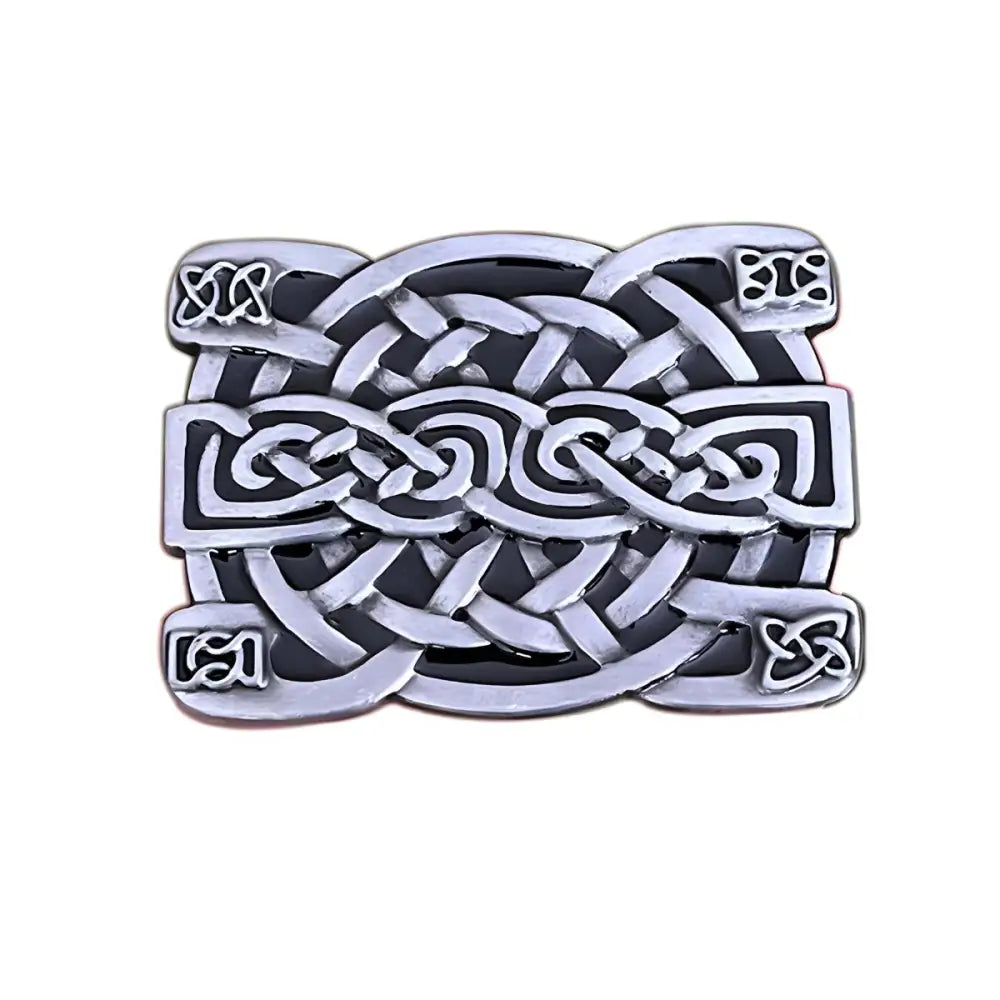 Silver and black Celtic knot brooch with Thuria Belt Buckle detail and Thuria belt