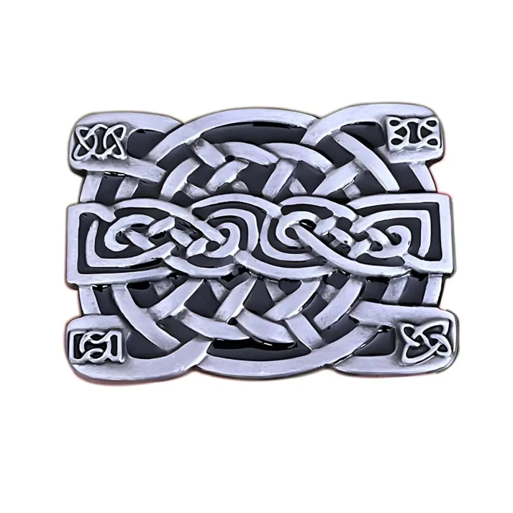 Silver and black Celtic knot brooch featuring Thuria Belt Buckle detail for elegant accessories