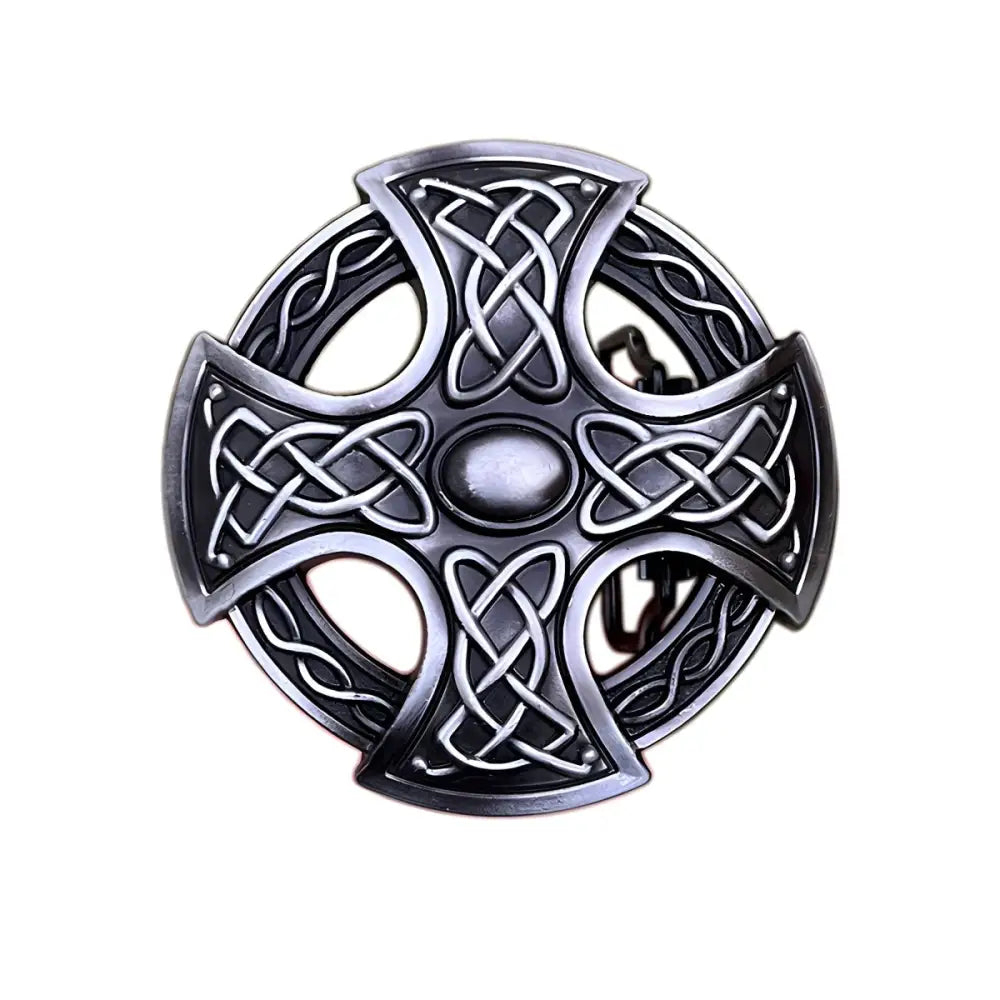 Silver Celtic belt buckle with cross design showcasing intricate Celtic knot pattern