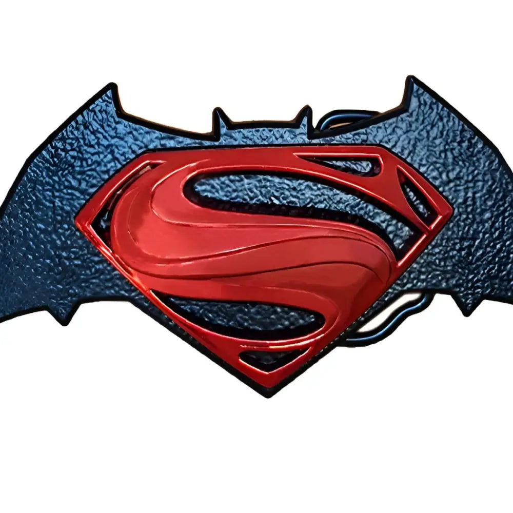 Superman and Batman belt buckle featuring emblem designs and Batman versus Superman emblem