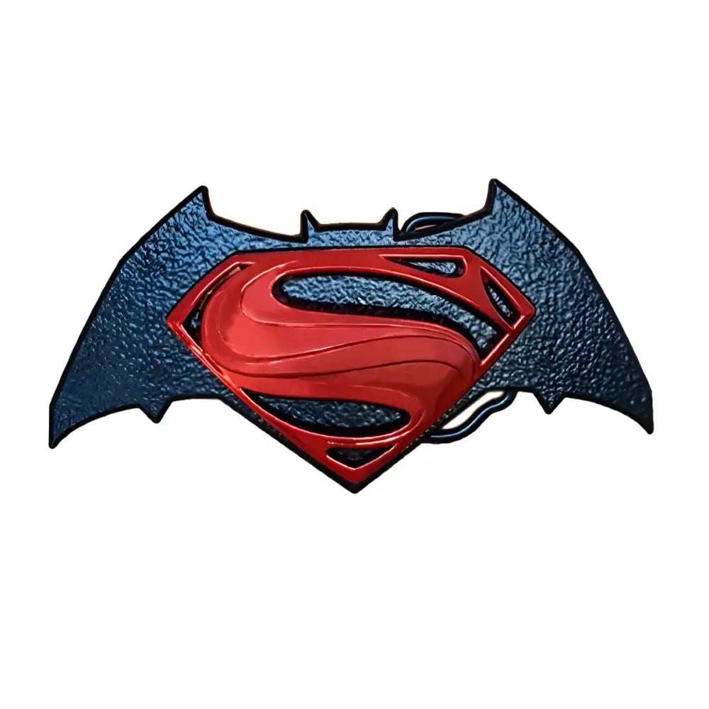 Batman and Superman emblem belt buckle for collectors featuring iconic superhero designs