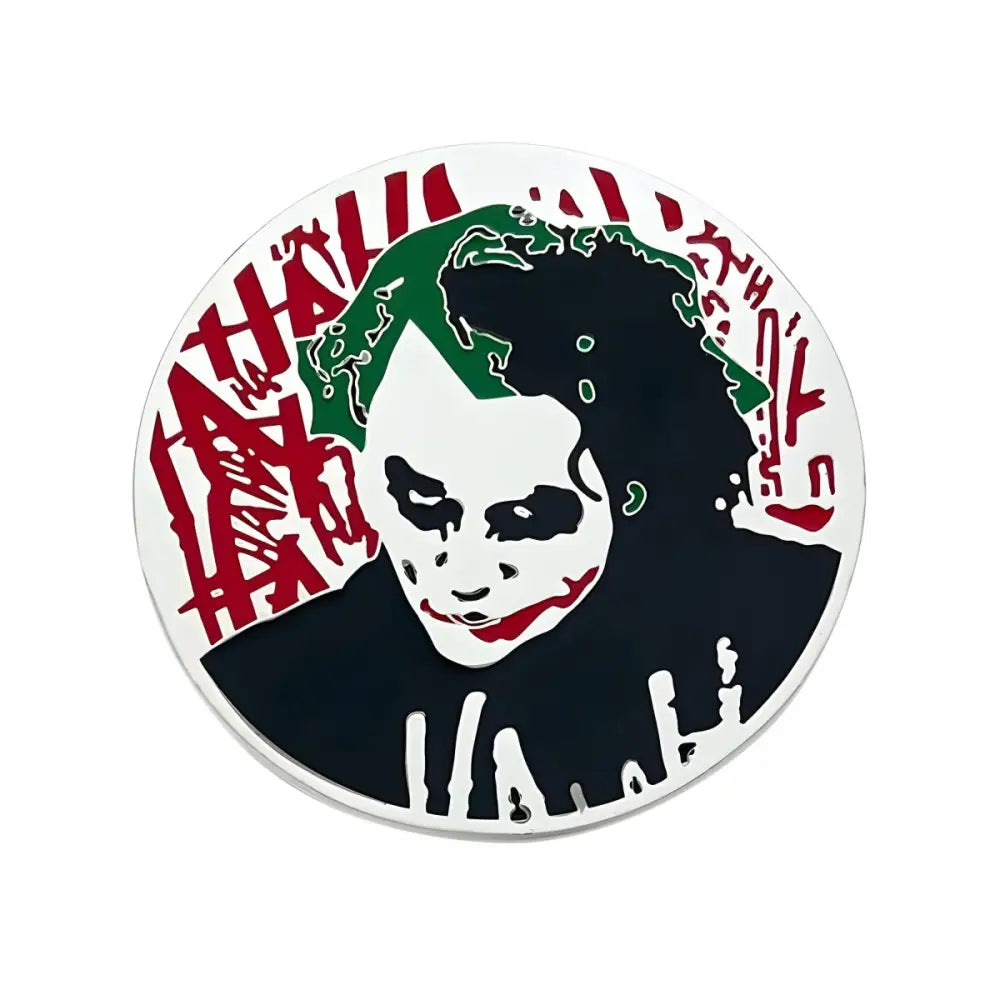 Joker character art displayed on a round emblem for collectible merchandise