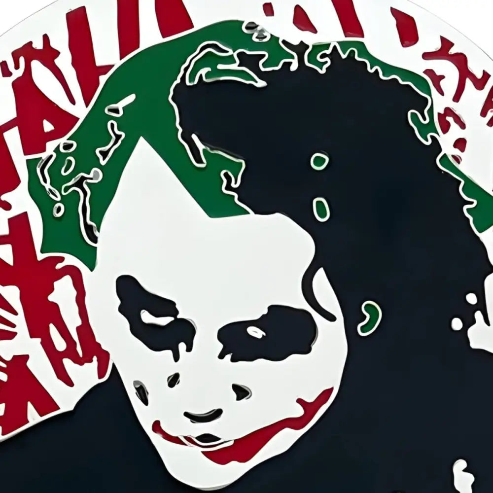 Joker character art displayed on a round emblem for collectible or decorative purposes