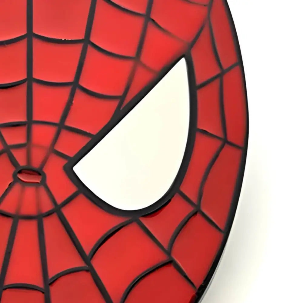 Red and black Spider-Man mask with web design and belt buckle feature for cosplay