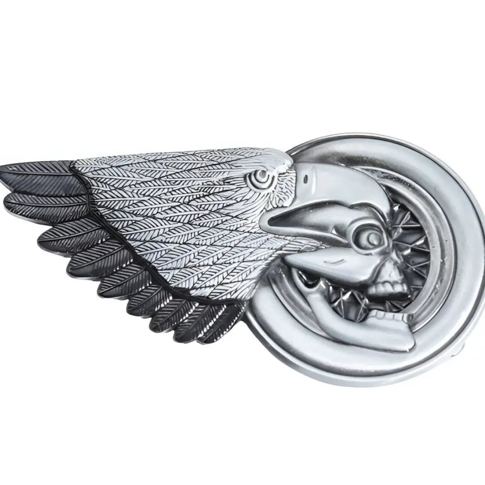 Silver eagle skull belt buckle designed for motorcycle enthusiasts, crafted in silver