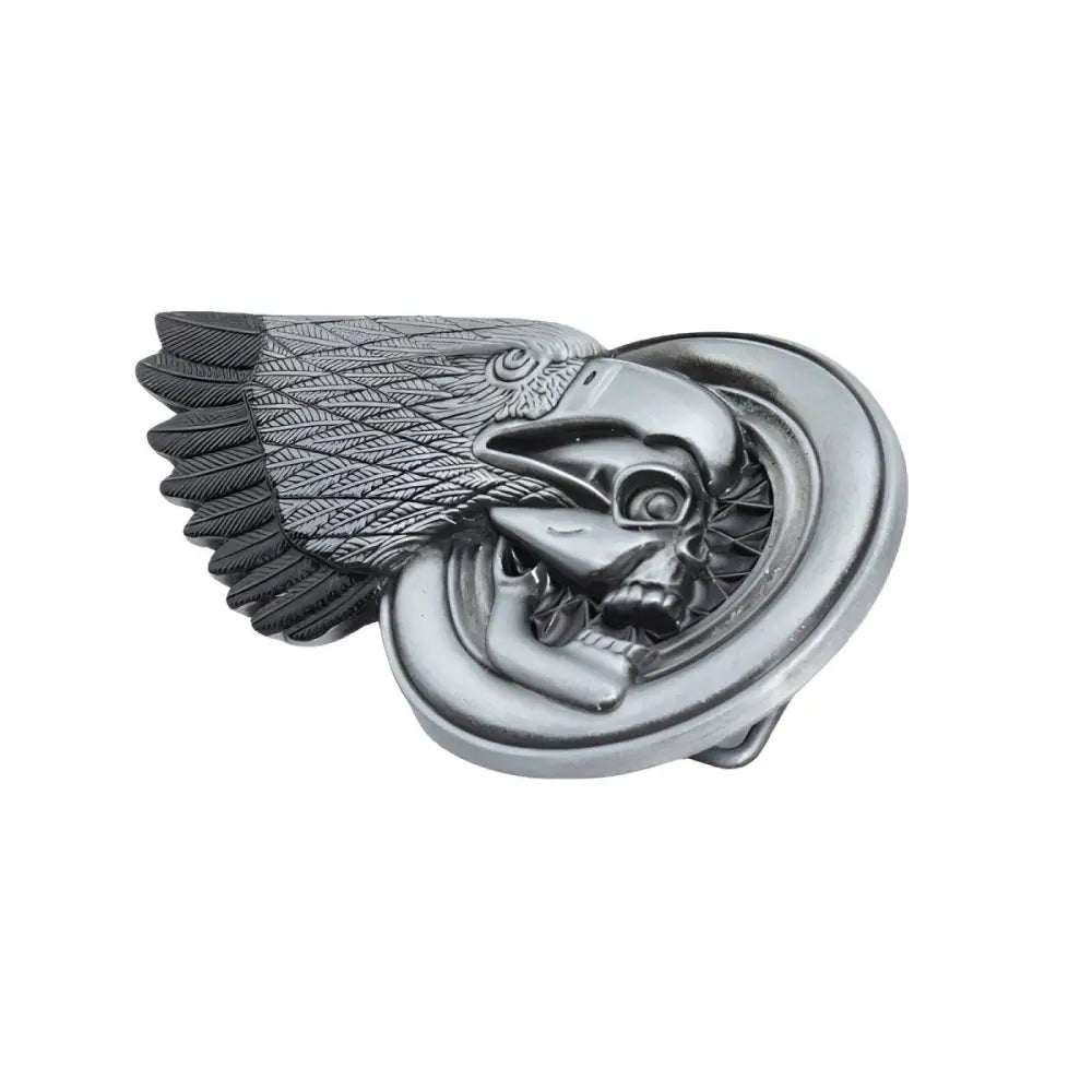 Silver eagle and skull belt buckle designed for motorcycle enthusiasts