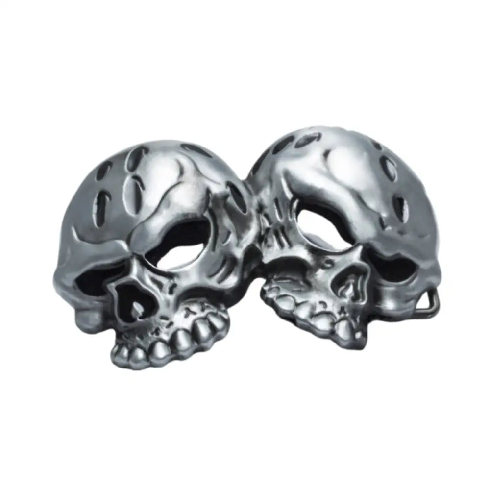 Elvan Double Skull belt buckle featuring two conjoined silver skulls design