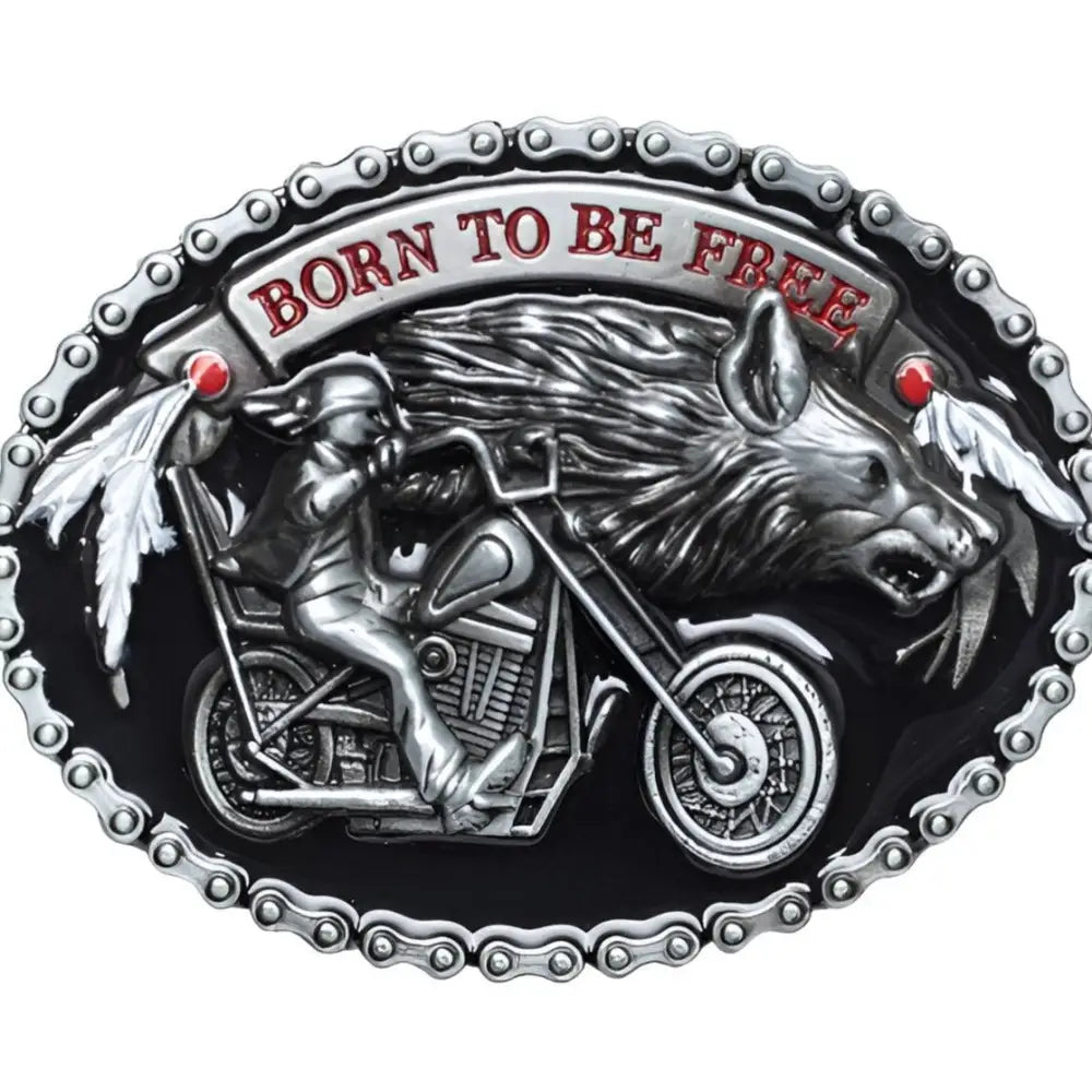 Oval belt buckle with biker, wolf, and chain border featuring a bold lion motorcycle design