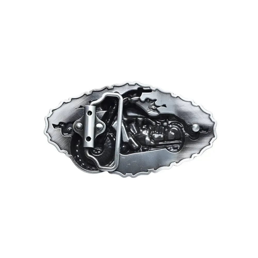 Silver motorcycle belt buckle with flames design, ideal for rugged fashion accessories