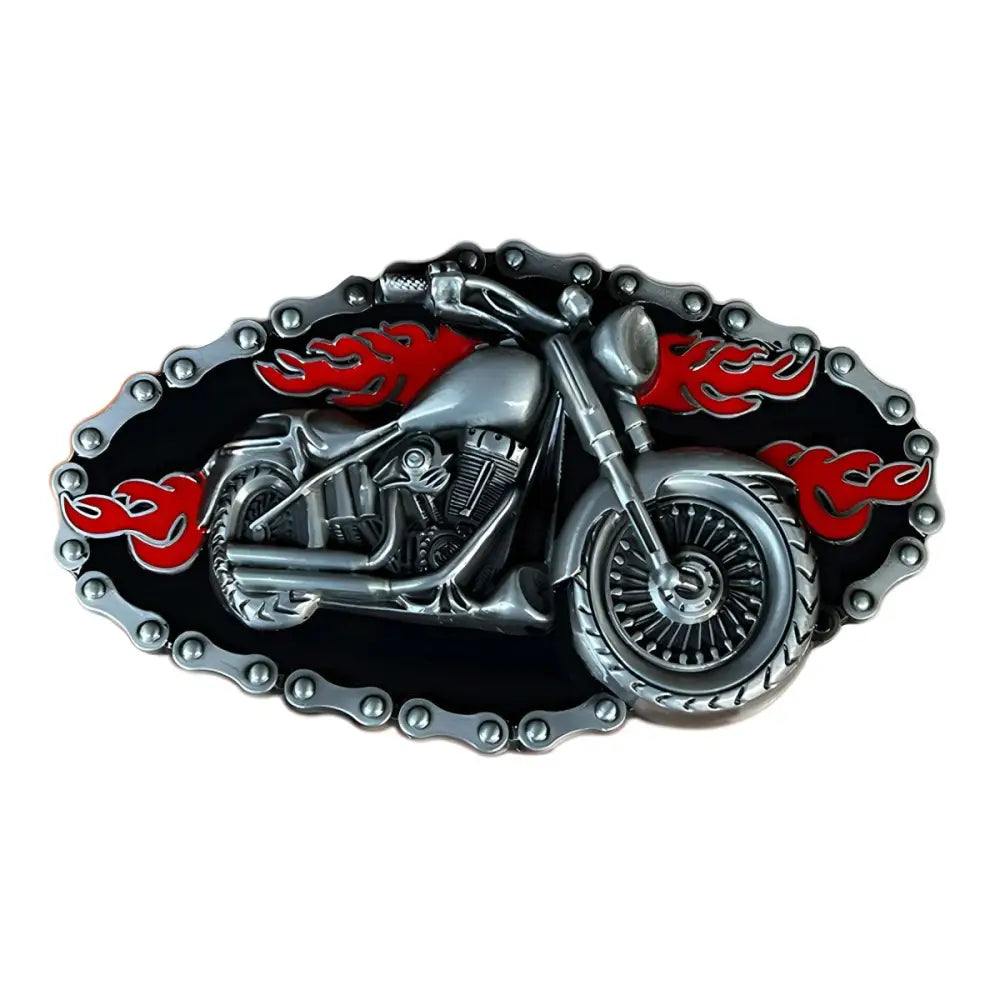 Silver Motorcycle Belt Buckle Featuring Flames Design with intricate flame pattern and polished finish