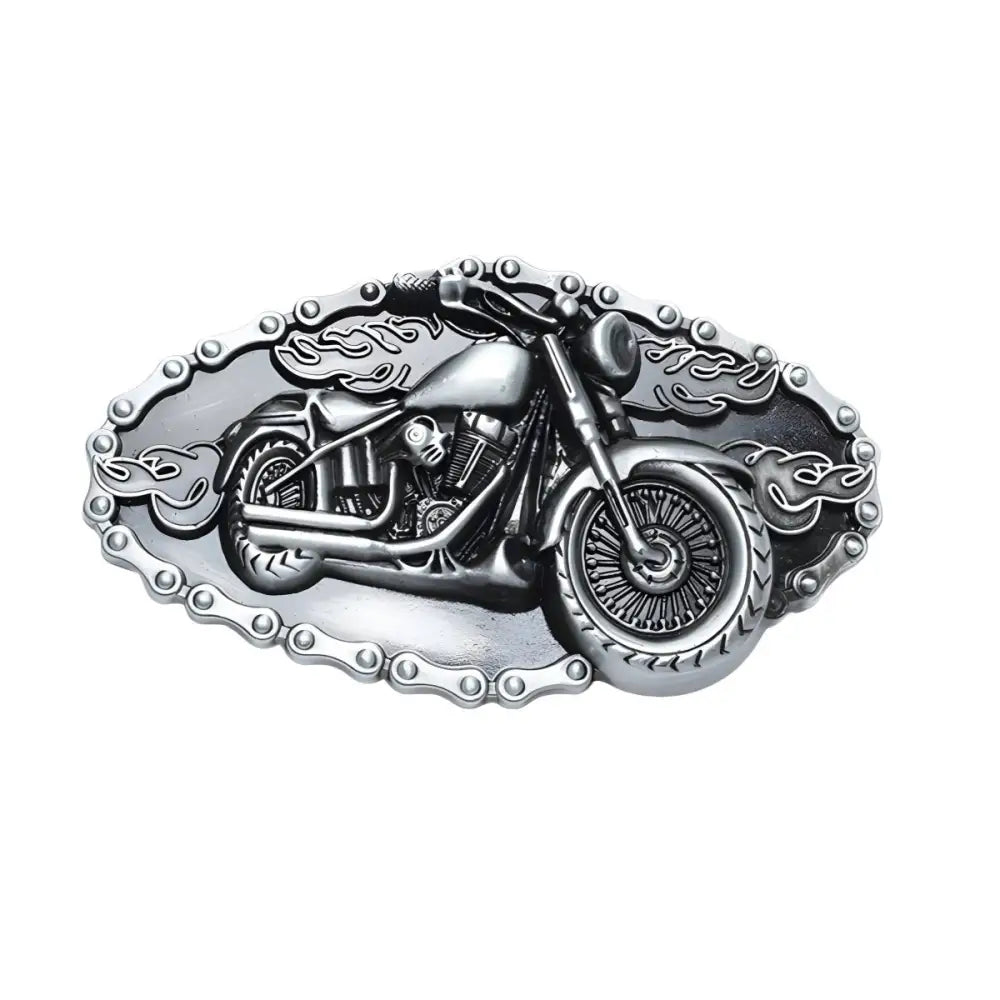 Silver motorcycle belt buckle with flames design, perfect for motorcycle enthusiasts