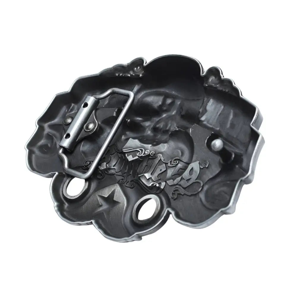 Silver Skull and Piston Gear Head Belt Buckle featuring a gear head skull design