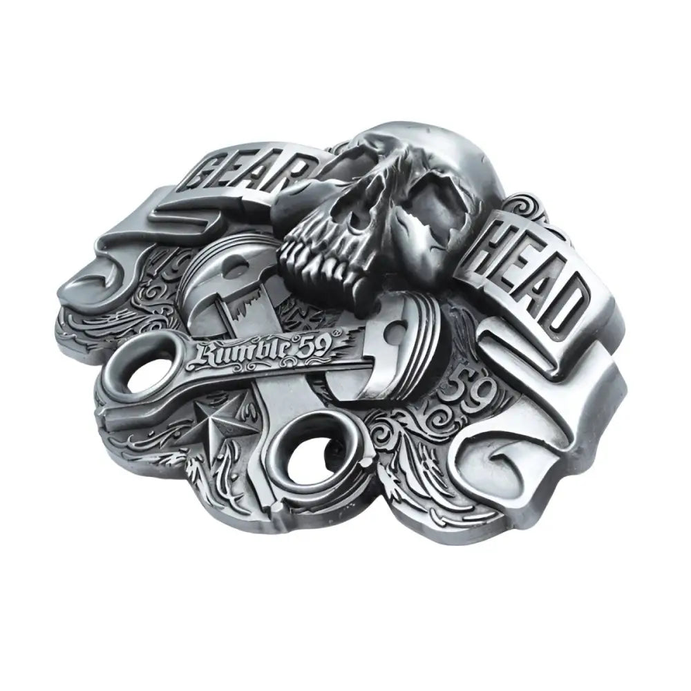 Silver Skull and Piston Gear Head Belt Buckle featuring head belt buckle design