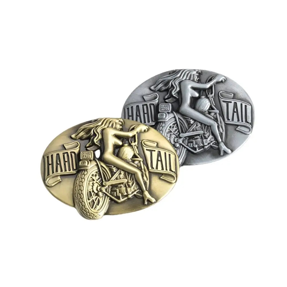Metal belt buckles featuring woman on motorcycle with head tail designs for moto head style