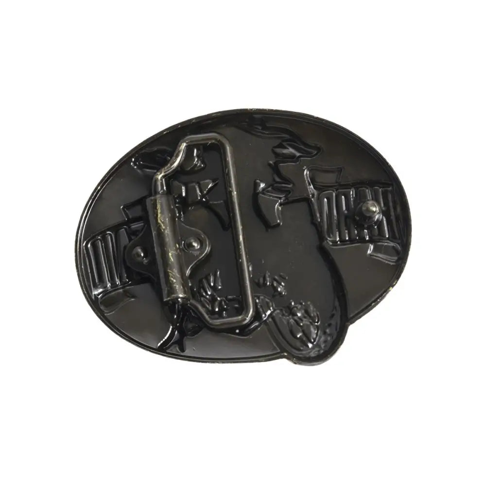 Black metal belt buckle featuring woman on motorcycle with head tail designs