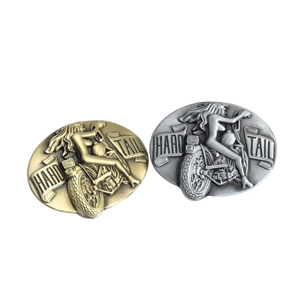 Metal belt buckles featuring woman on motorcycle with head tail design for moto head style