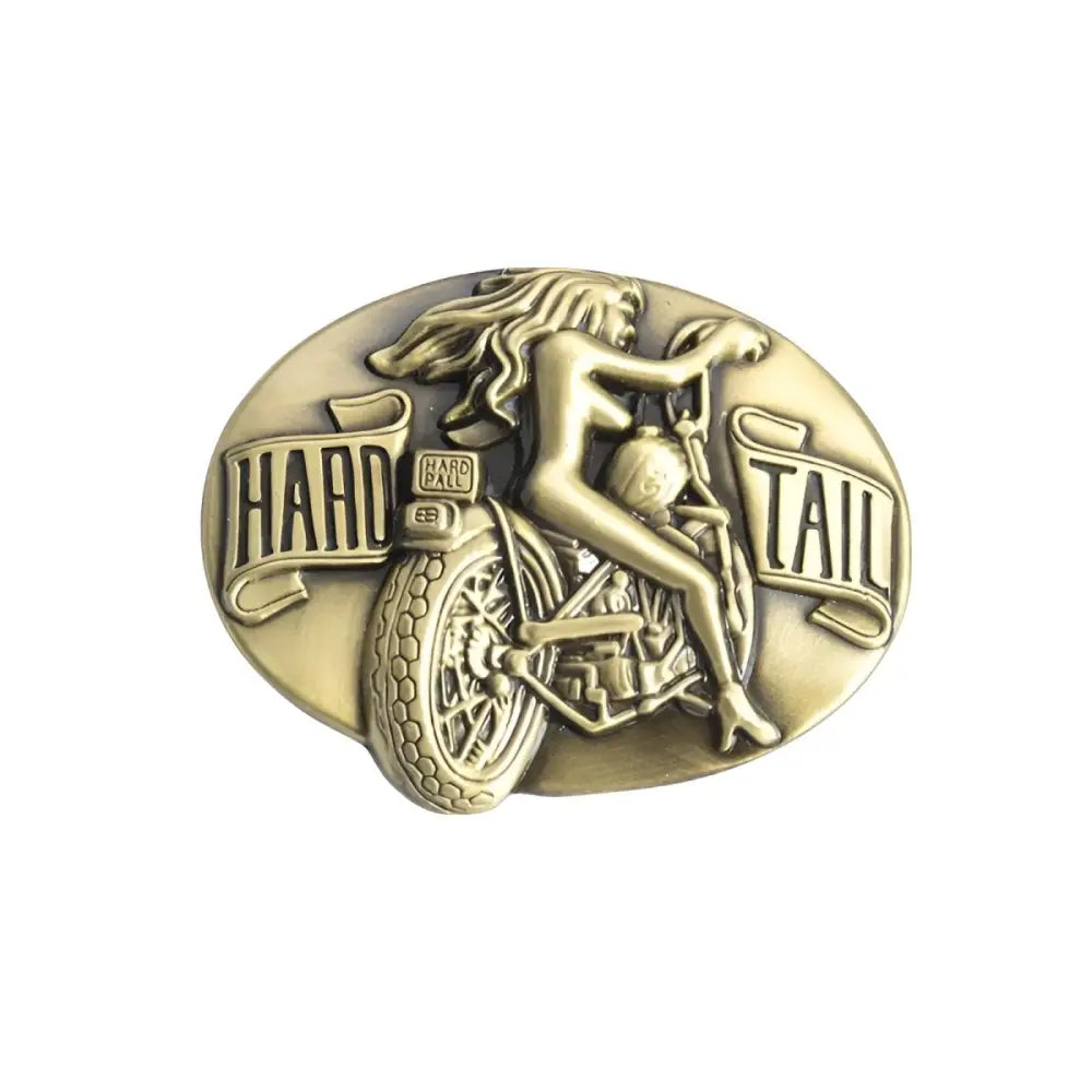 Bronze-colored belt buckle with woman riding a motorcycle showcasing head tail design