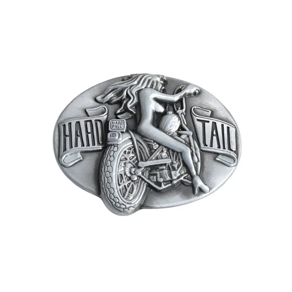 Silver metal belt buckle featuring a woman riding a motorcycle with head tail design