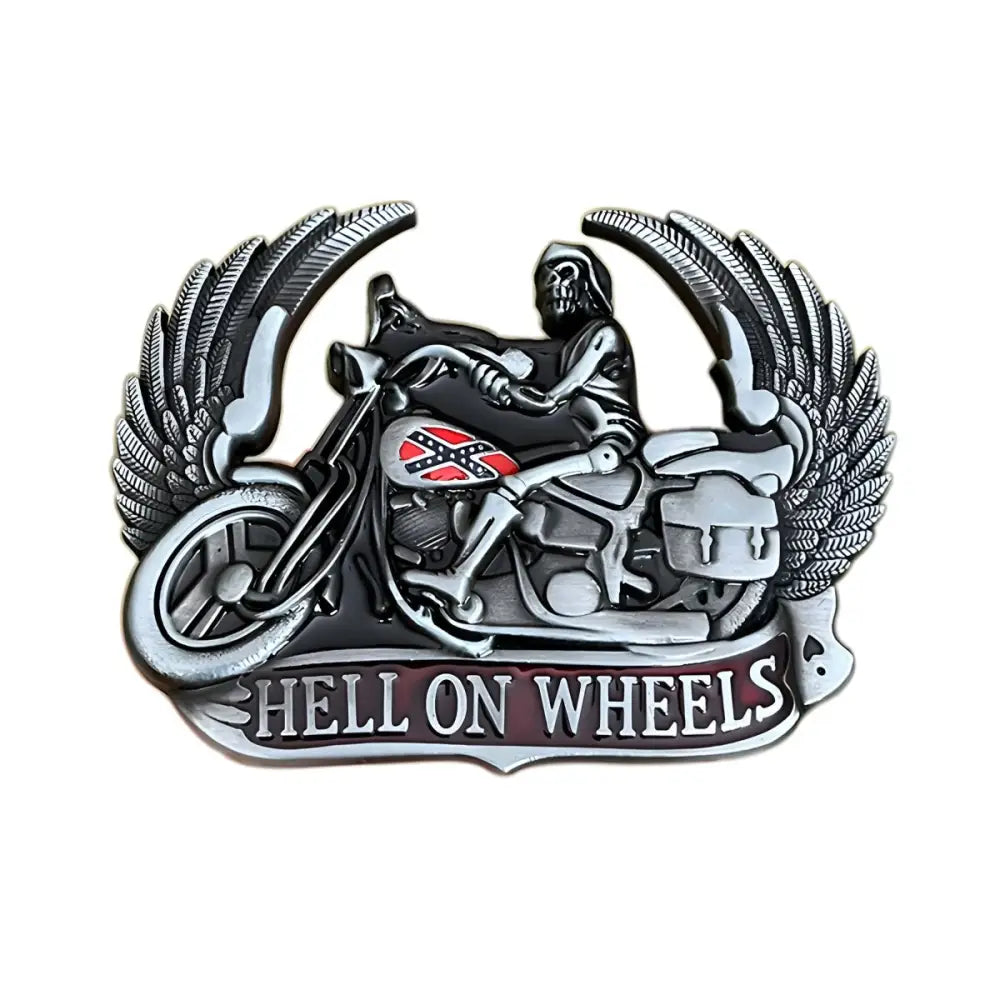 Wheels Bowen Metal Biker Belt Buckle with Wings showcasing detailed motorcycle belt buckle design