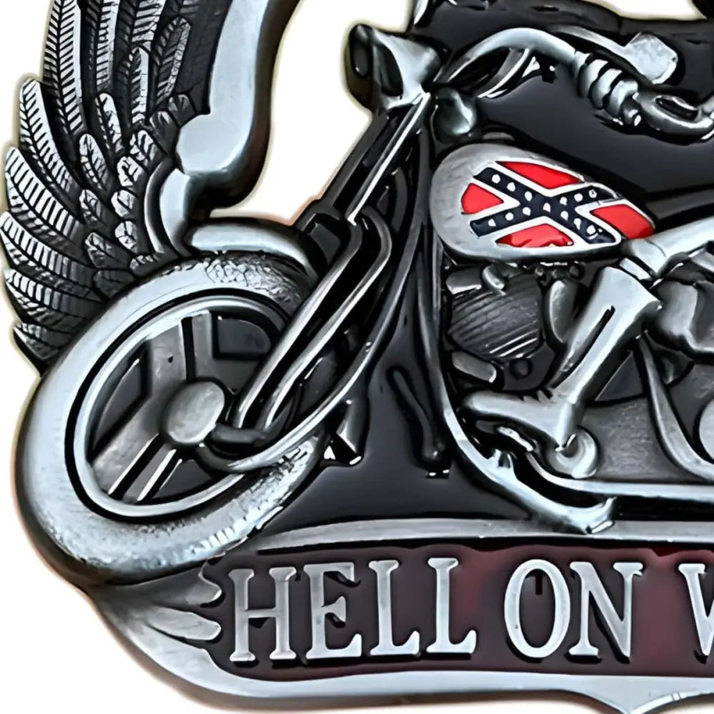 Wheels Bowen Metal Biker Belt Buckle with Wings showcasing a stylish motorcycle belt buckle