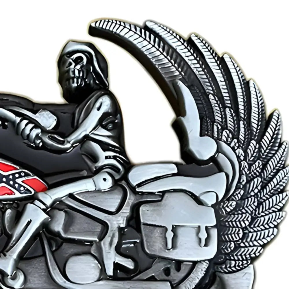 Metal skeleton biker with wings belt buckle from Wheels Bowen featuring wing design