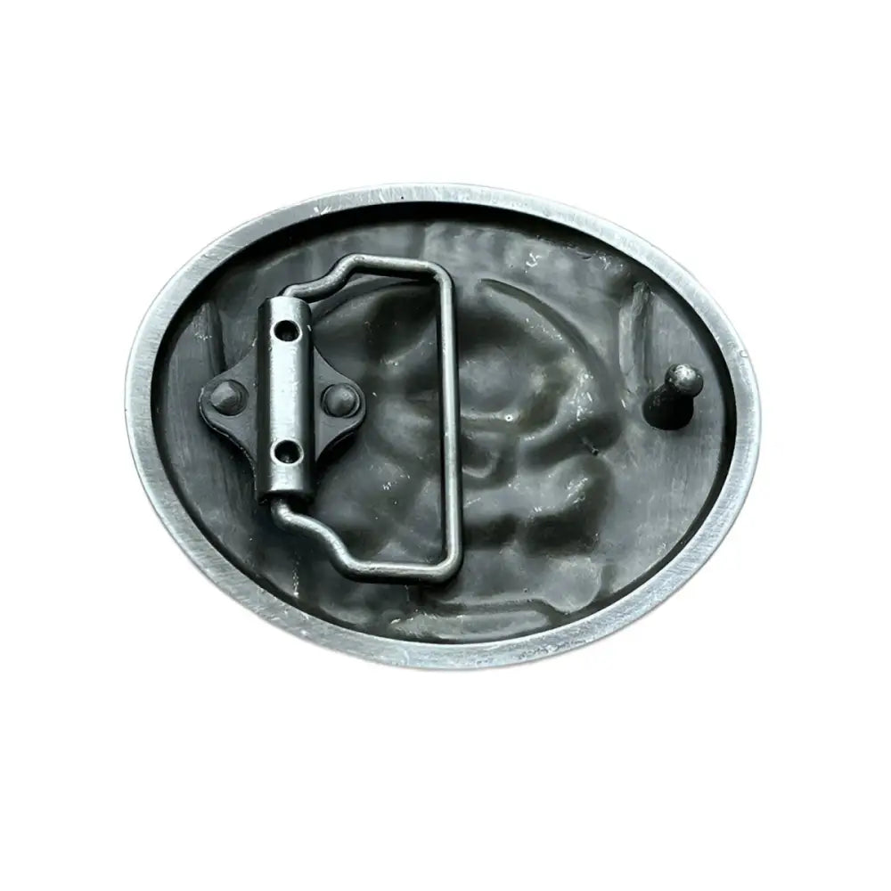 Oval metal belt buckle featuring pig on a bike from Hog Wild Moto collection