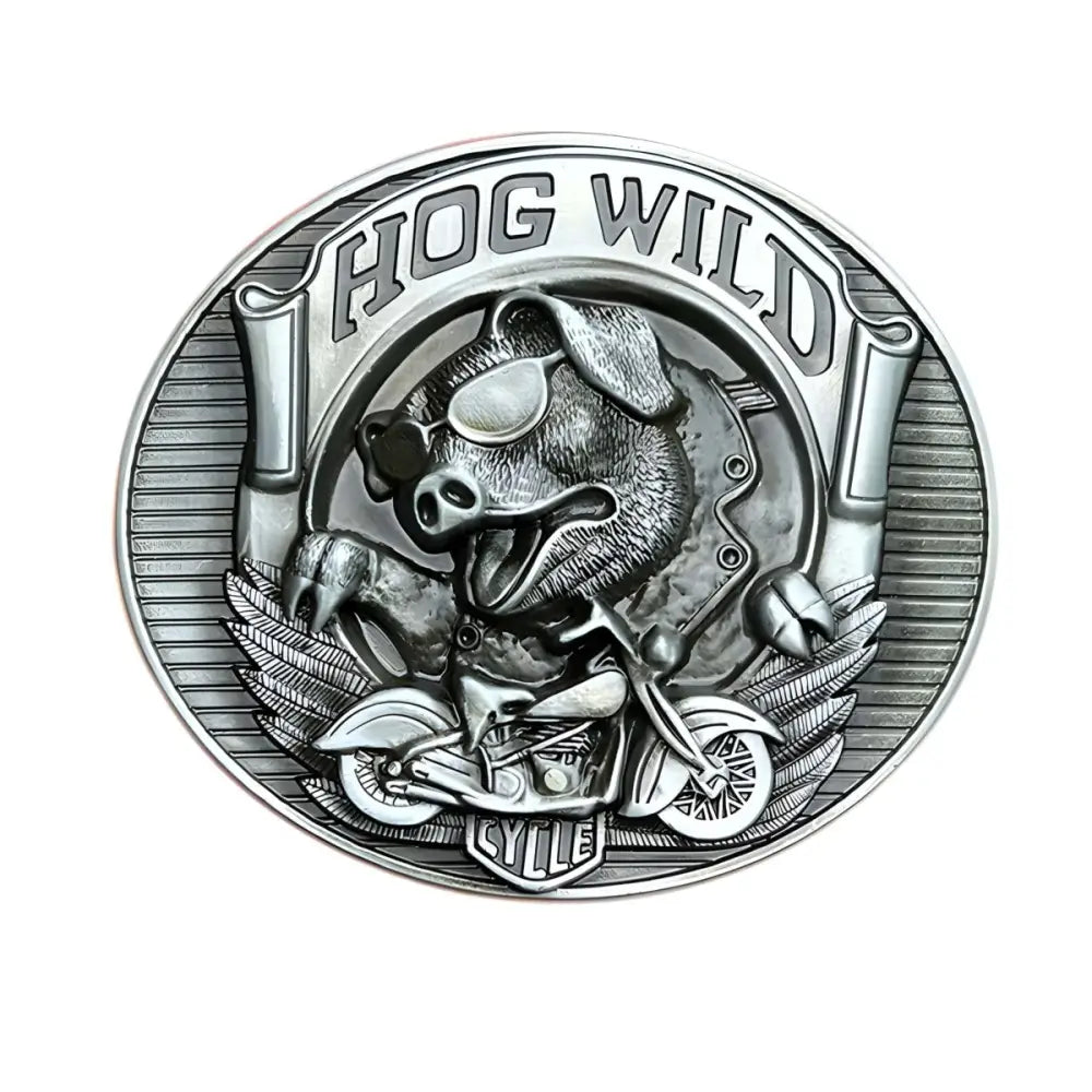 Silver Hog Wild belt buckle featuring a pig on a motorcycle, ideal for Hog Wild Moto enthusiasts