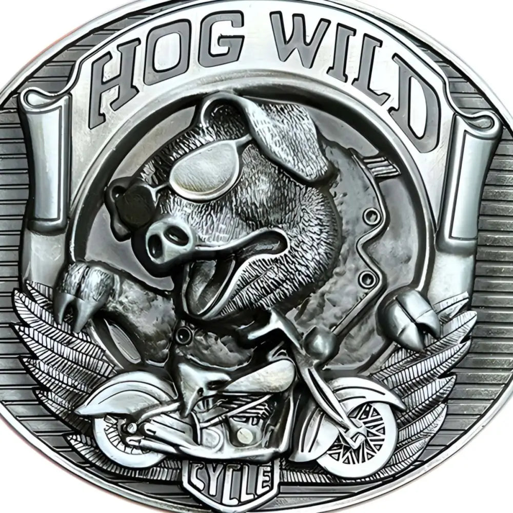 Silver hog wild motorcycle belt buckle featuring a pig on a bike for hog wild moto style