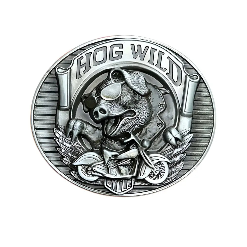 Silver hog wild belt buckle featuring pig on a bike for hog wild moto enthusiasts