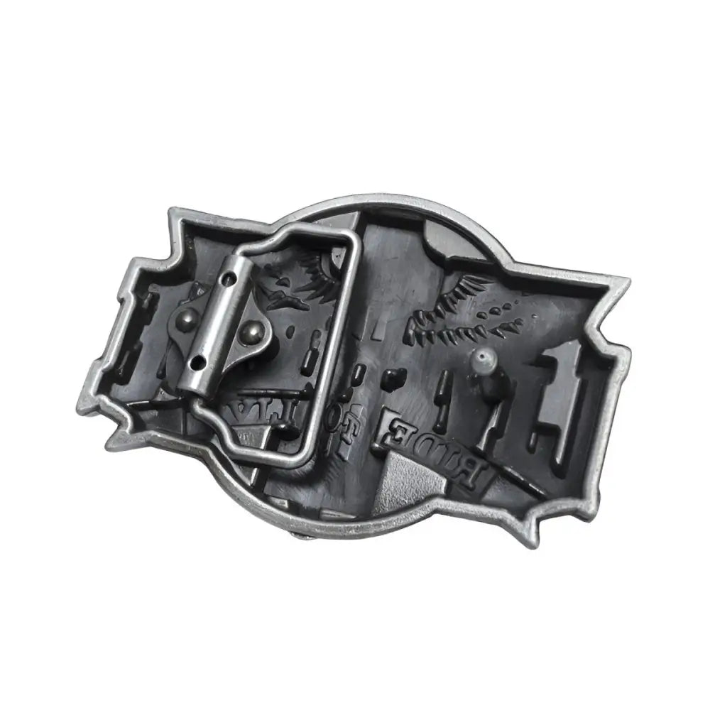 Reverse view of Mason Model Live to Ride Silver Motorcycle Belt Buckle with Wings