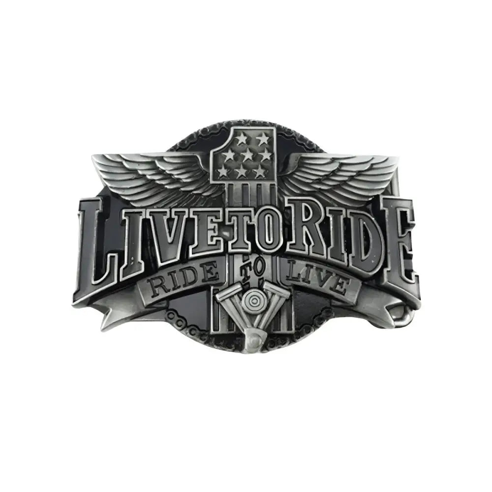 Silver Mason Model Live to Ride belt buckle with wings for motorcycle enthusiasts