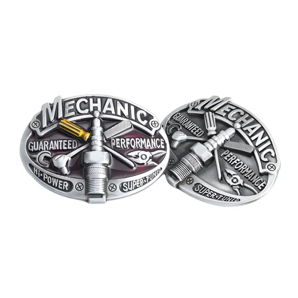 Silver Mechanic Belt Buckles Set featuring two polished stainless steel belt buckles