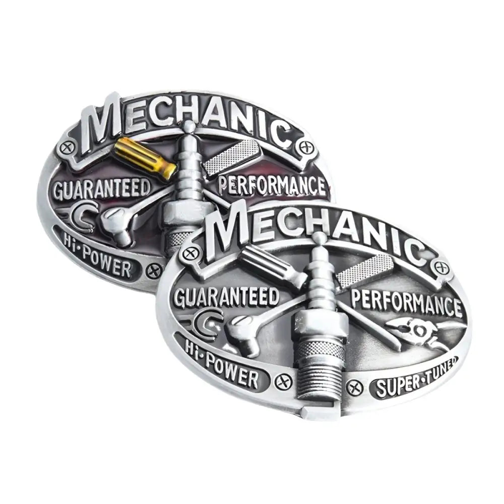 Two silver mechanic belt buckles displayed in the Silver Mechanic Belt Buckles Set