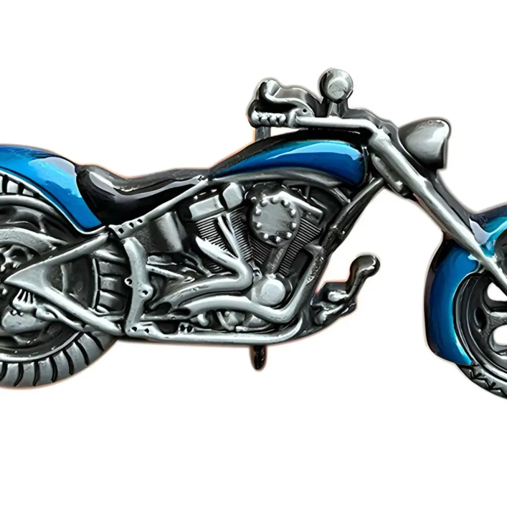 Blue and silver motorcycle belt buckle for ceinture moto with red accents