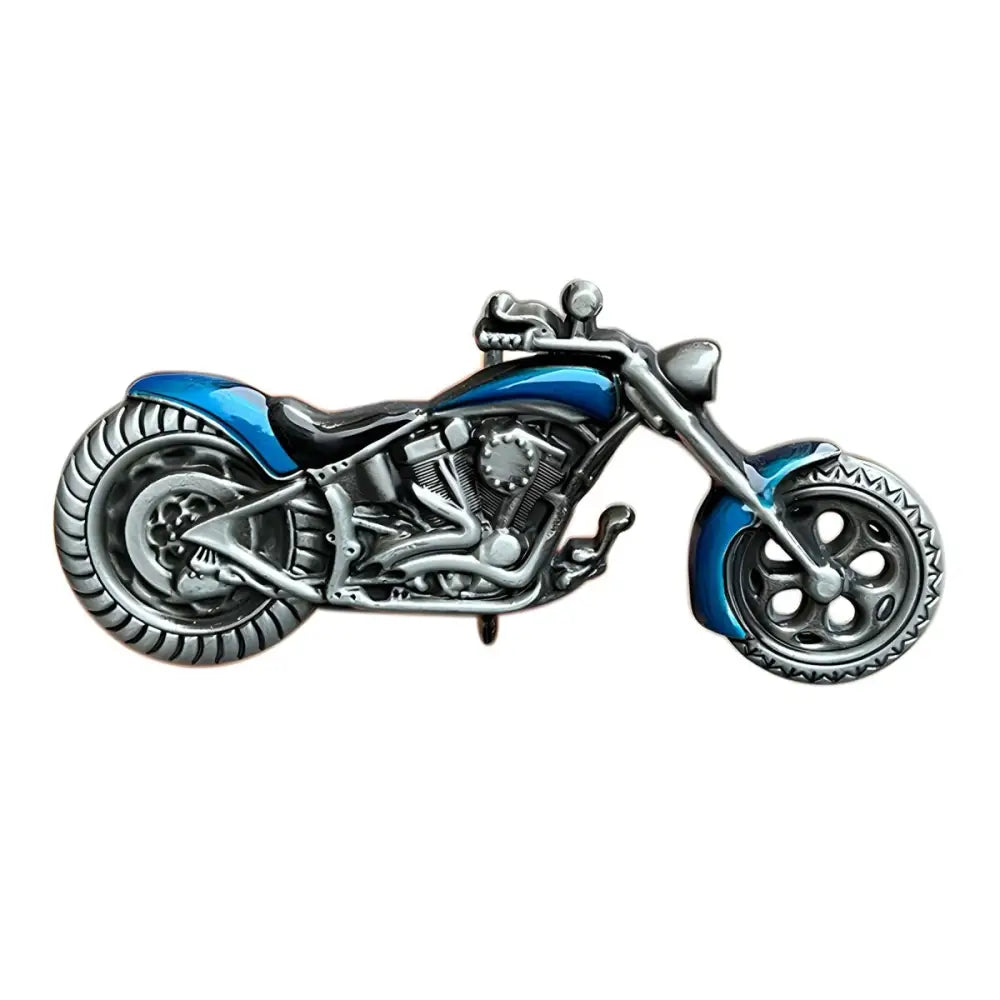 Blue and silver motorcycle pin for belt buckle and ceinture moto accessory display