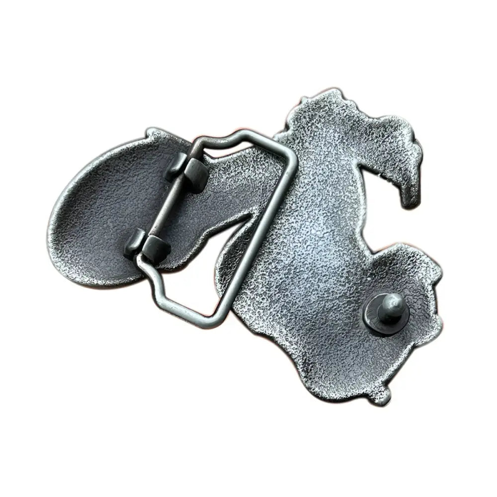 Metal horse belt buckle featuring Red and Silver Motorcycle Model with Ruben Belt Buckle