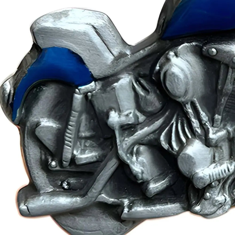 Silver and blue motorcycle model featuring a Ruben belt buckle design for collectors
