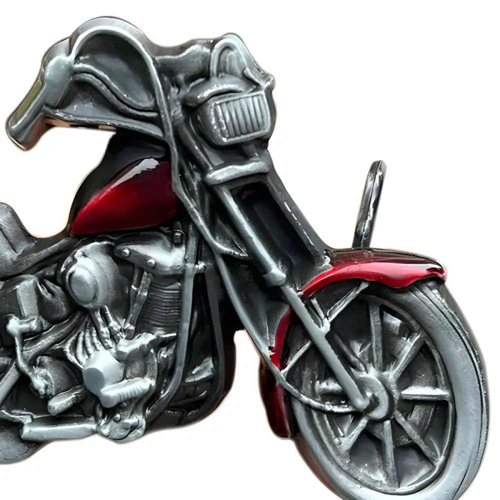 Red and silver motorcycle model with Ruben belt buckle design for authentic style