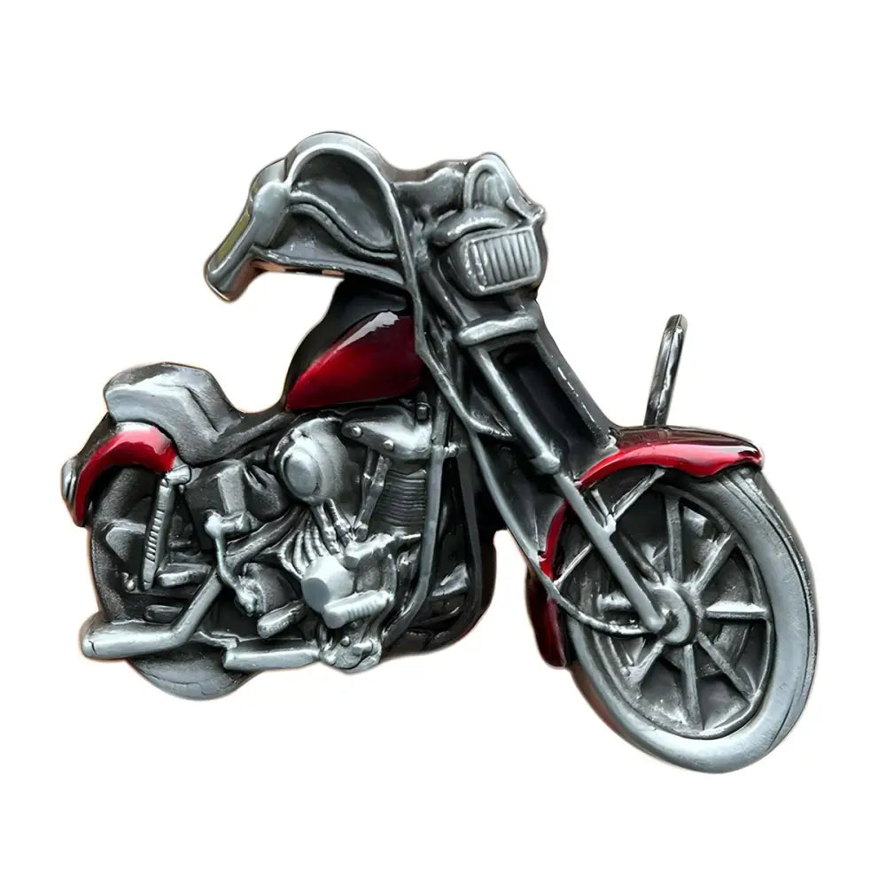 Red and silver motorcycle model with Ruben belt buckle design for display
