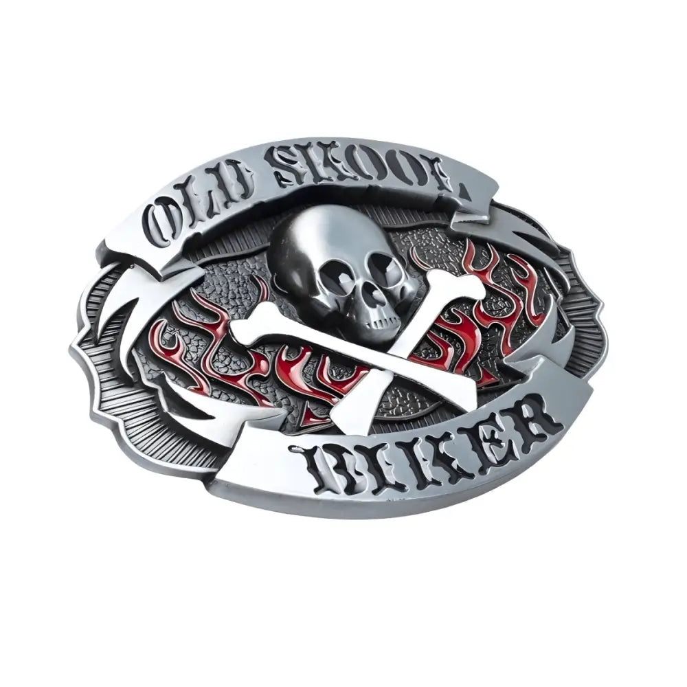 Silver skull and crossbones belt buckle from Skool Biker Heritage Rebel Carter collection