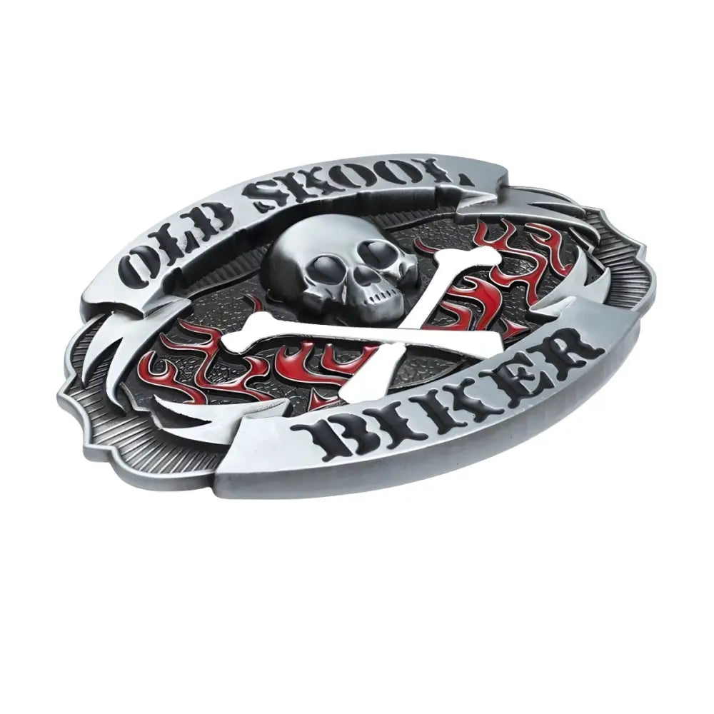 Skool Biker Heritage Rebel Carter silver oval belt buckle with skull and crossbones design
