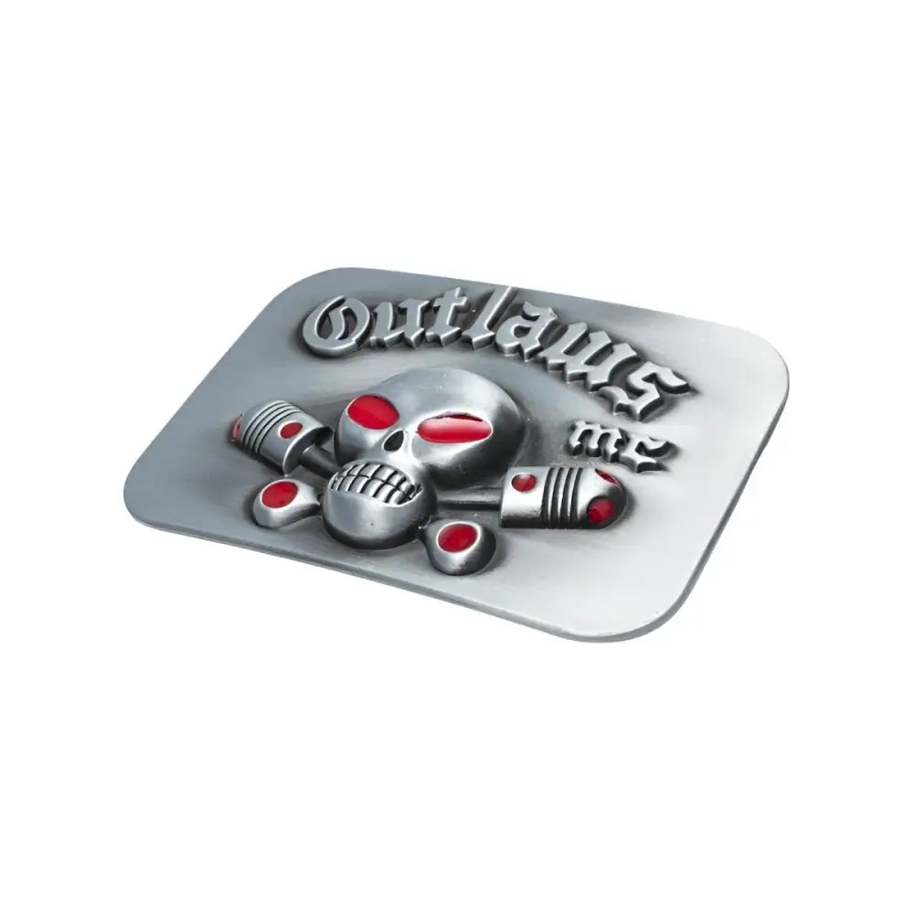 Silver Outlaws MC belt buckle with skull and pistons Owen model for bikers