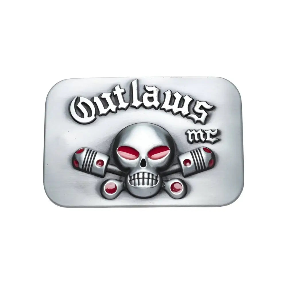 Silver Outlaws MC belt buckle with skull and pistons Owen model for motorcycle enthusiasts