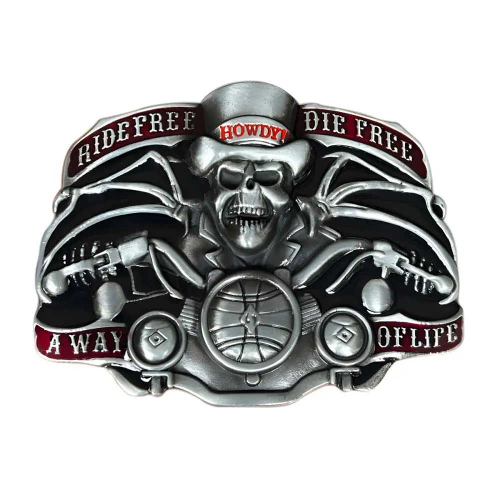 Silver Skull Motorcycle Belt Buckle with motorcycle and skull design for ride free die free style