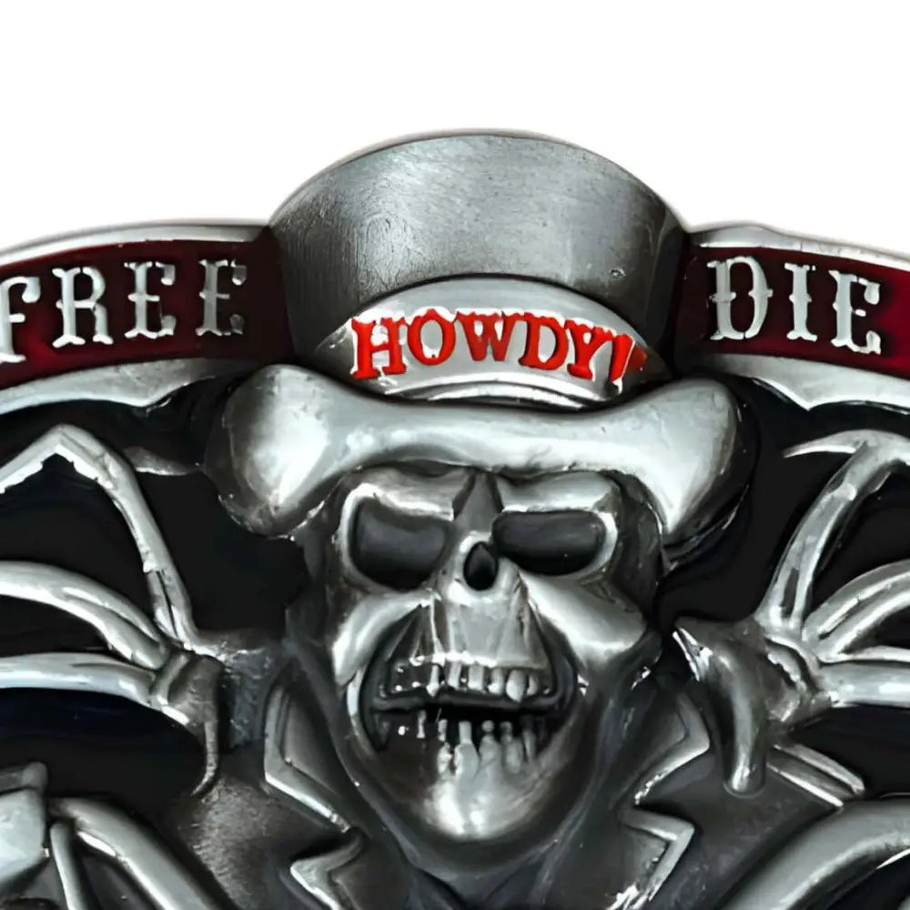 Silver Skull Motorcycle Belt Buckle featuring Ride Free Die Free style design