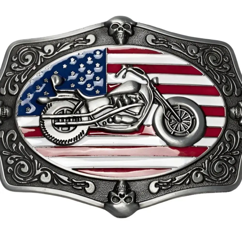 American flag motorcycle belt buckle for stylish riding accessories and bold fashion statements