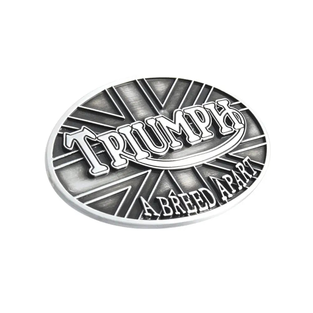Oval Triumph emblem on stylish belt buckle for Triumph-themed cufflinks collection