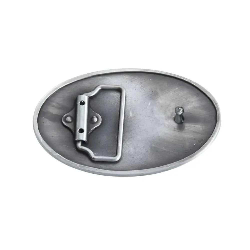 Oval metal belt buckle back of Triumph-Themed Cufflinks with logo and belt buckle design
